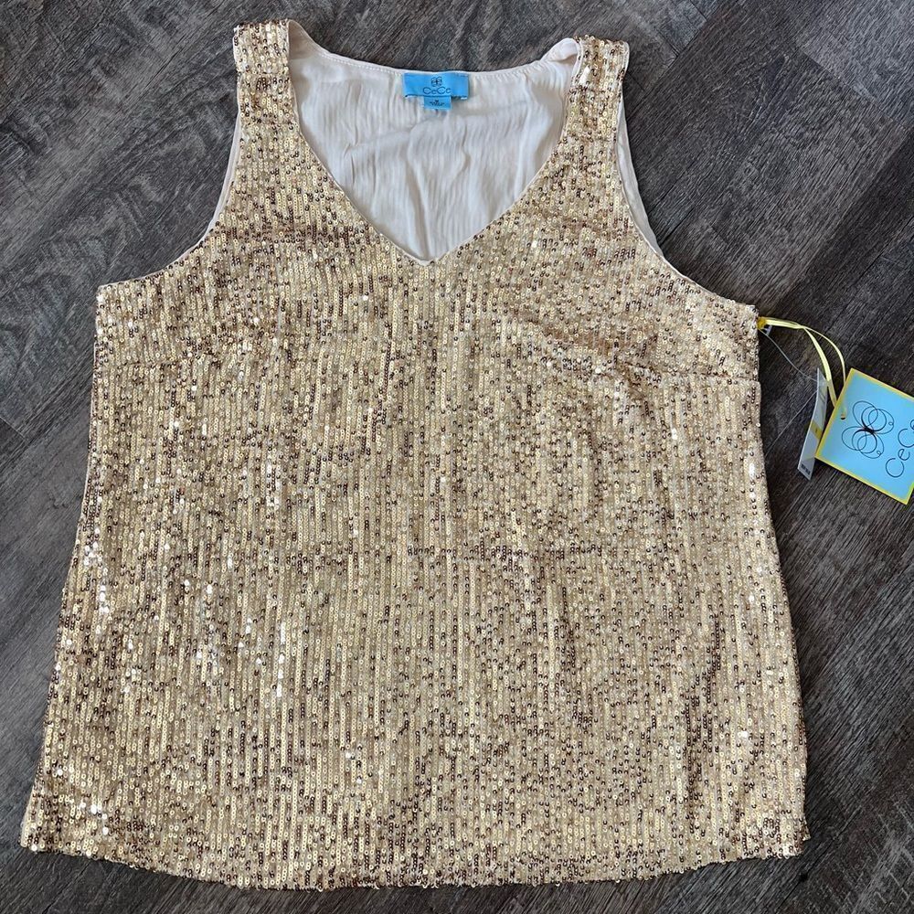 Cece V-Neck Sequin Lined Blouse- Size Medium